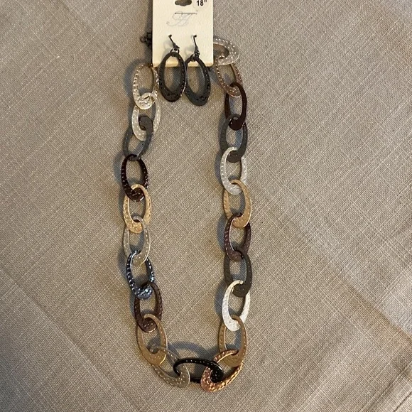 TriTone Textured Link Necklace & Earring Set Bronze Silver and Gold Tone New - Picture 5 of 6